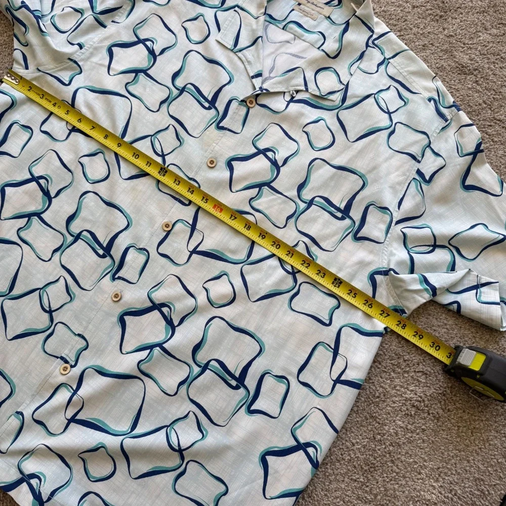 Tommy Bahama Button Down Men 3XL White Blue Silk Geometric Short Sleeve Shirt